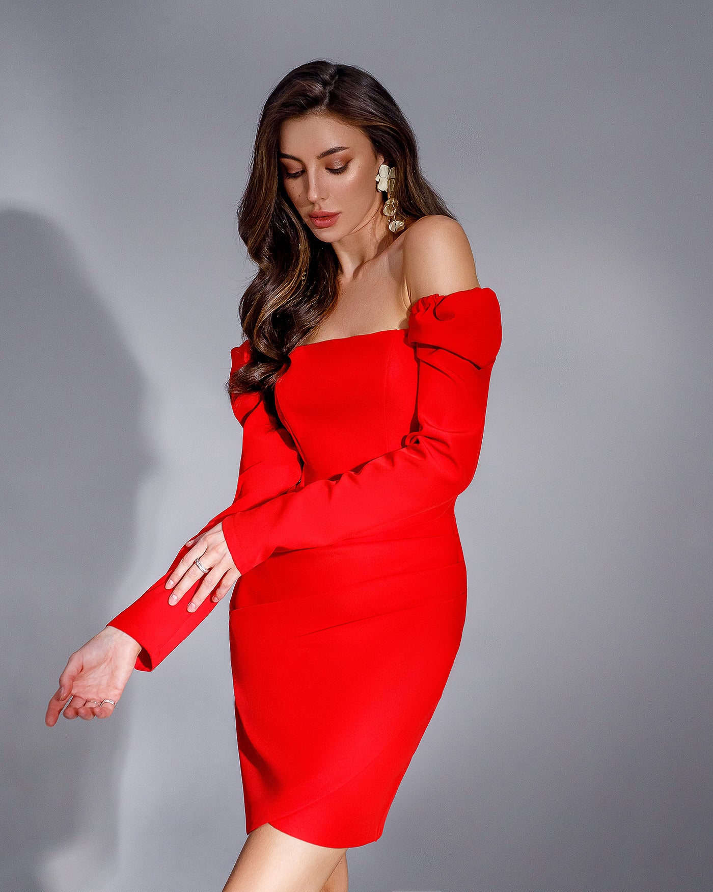 Red SQUARE NECK LONG SLEEVE MINI DRESS (ARTICLE 359/1)