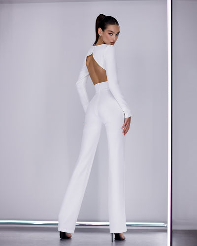 White BACKLESS CUT-OUT LONG-SLEEVE JUMPSUIT (ARTICLE 422)
