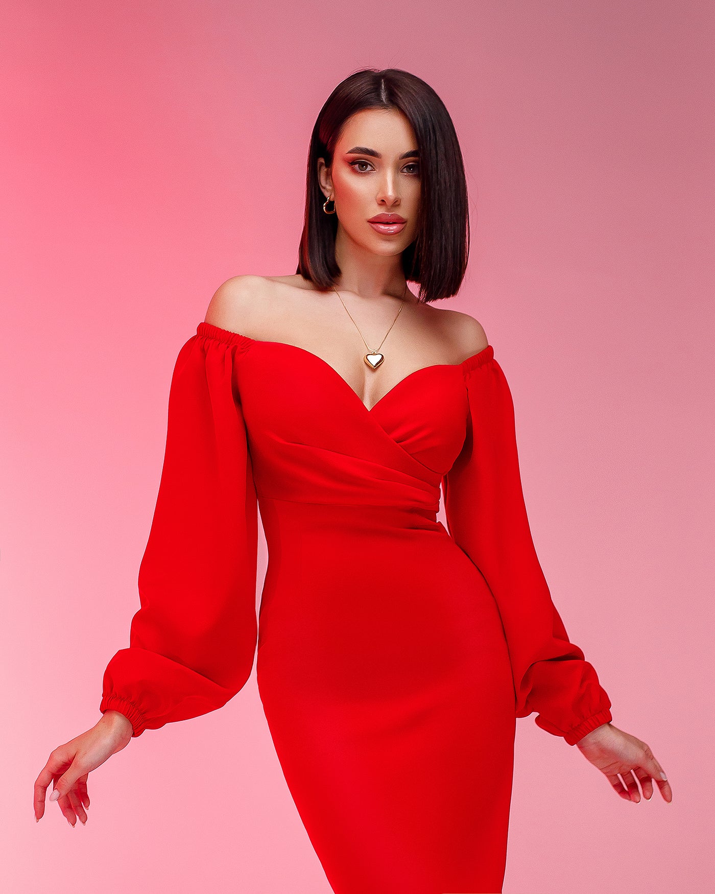 Red Puff-Sleeve Midi Dress (article 256)