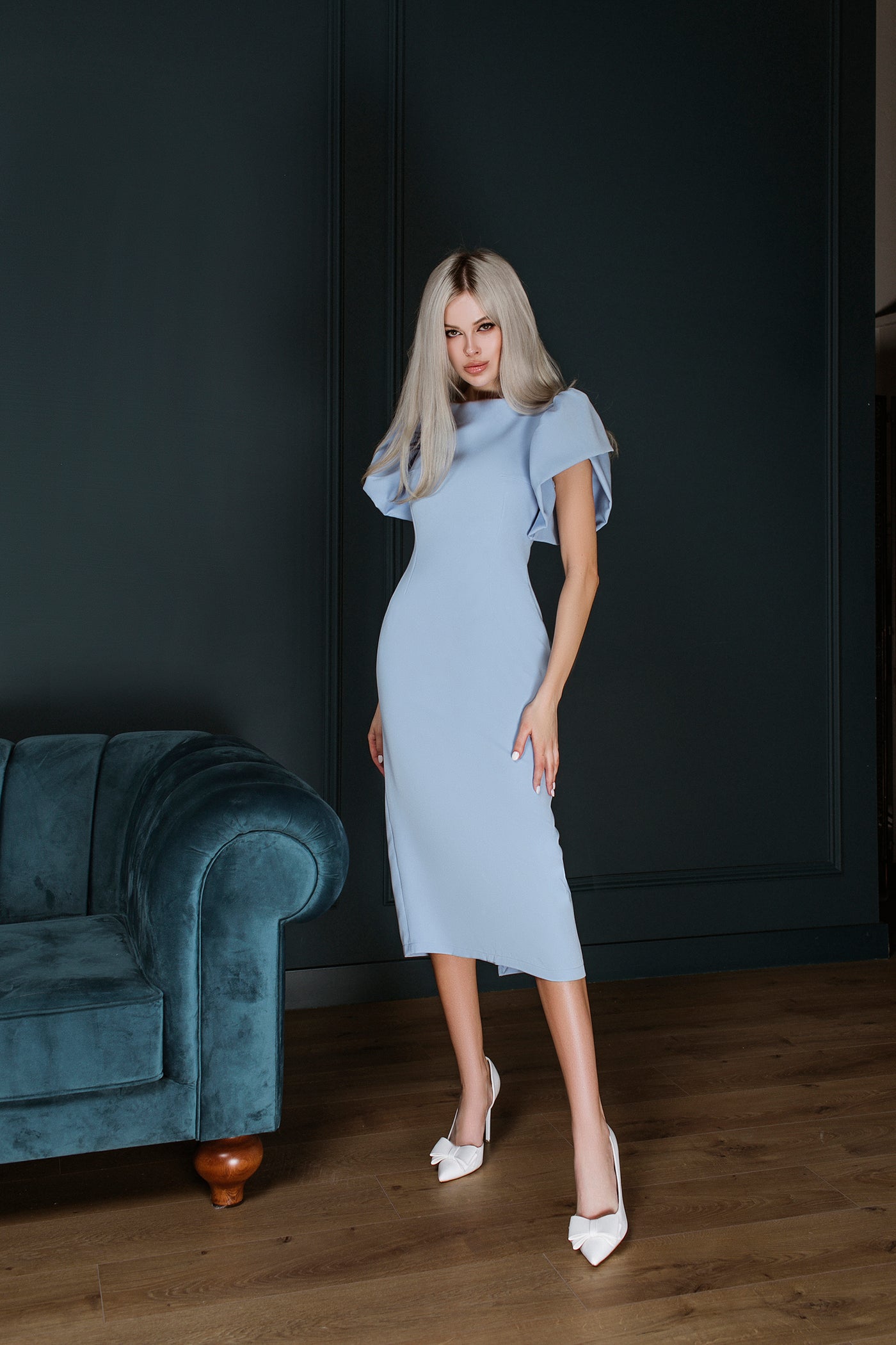 Sky-blue FITTED PUFF-SLEEVE MIDI DRESS (ARTICLE C331)