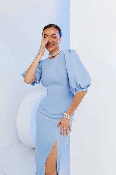 Sky-blue PUFF-SLEEVE TOP & MIDI SKIRT 2-PIECE SET (ARTICLE C413)