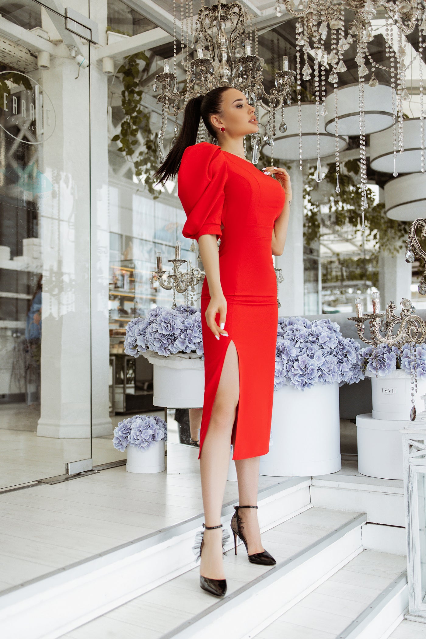 Red BACKLESS PUFF-SLEEVE MIDI DRESS (ARTICLE C395)