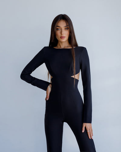Black BACKLESS CUT-OUT Long-SLEEVE jumpsuit (article 422)