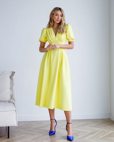 Yellow V-Neck Puff-Sleeve Midi Dress (article 352/1)