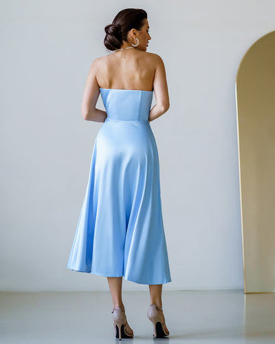 Sky-Blue Satin Corseted Strapless Dress (article 047)