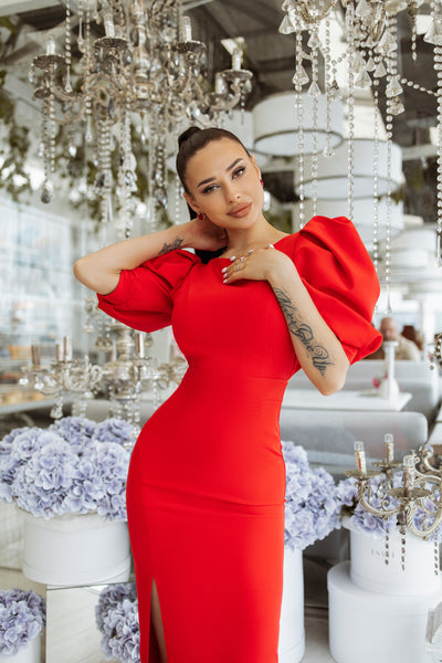 Red BACKLESS PUFF-SLEEVE MIDI DRESS (ARTICLE C395)