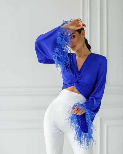 Blue SILK FEATHER SLEEVE BLOUSE (ARTICLE 345)