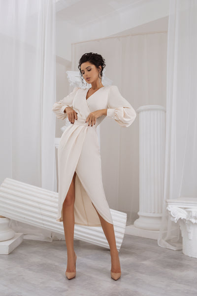 Creamy Beige Long Sleeve Midi Dress (article C293/1)