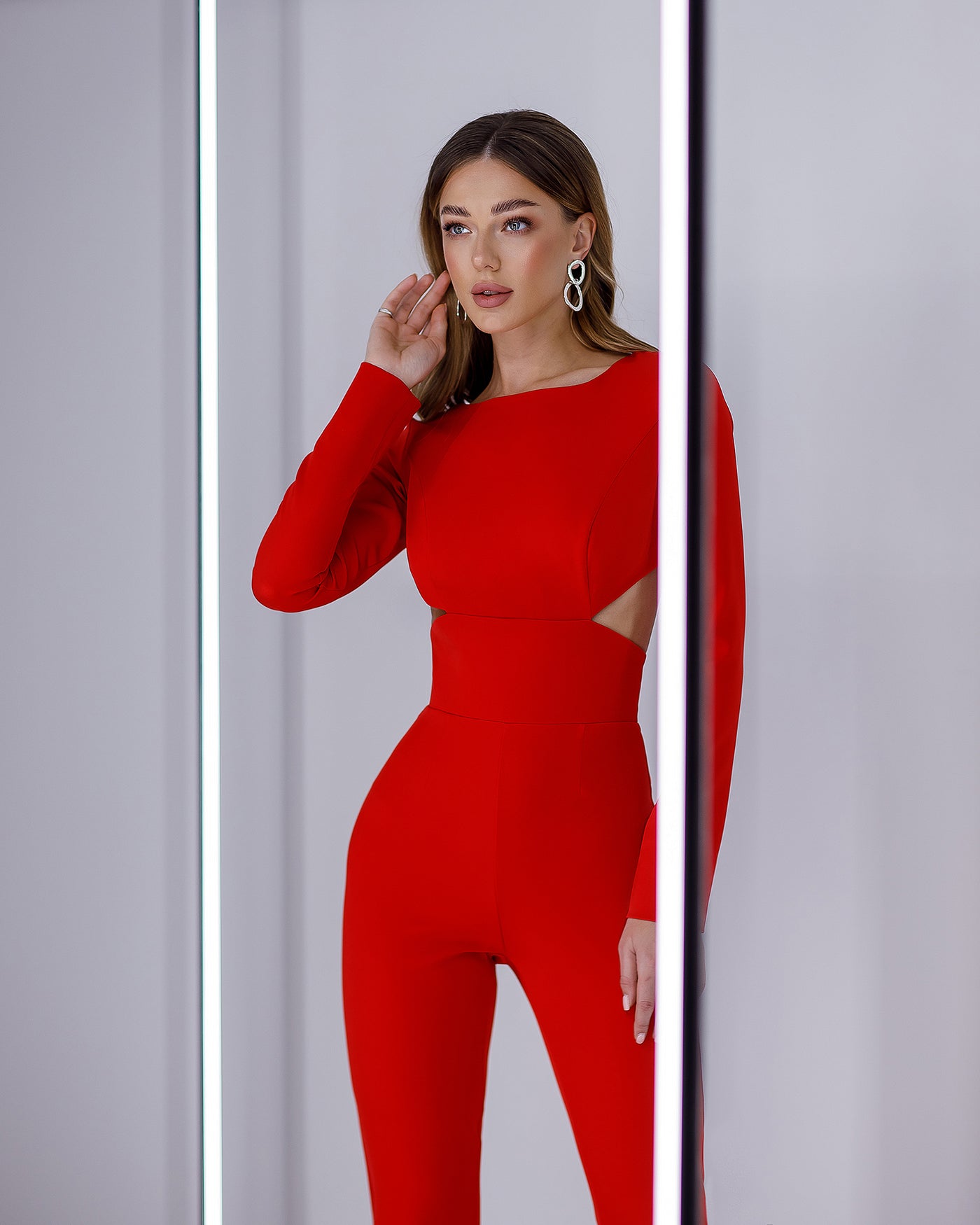 Red BACKLESS CUT-OUT LONG-SLEEVE JUMPSUIT (ARTICLE 422)