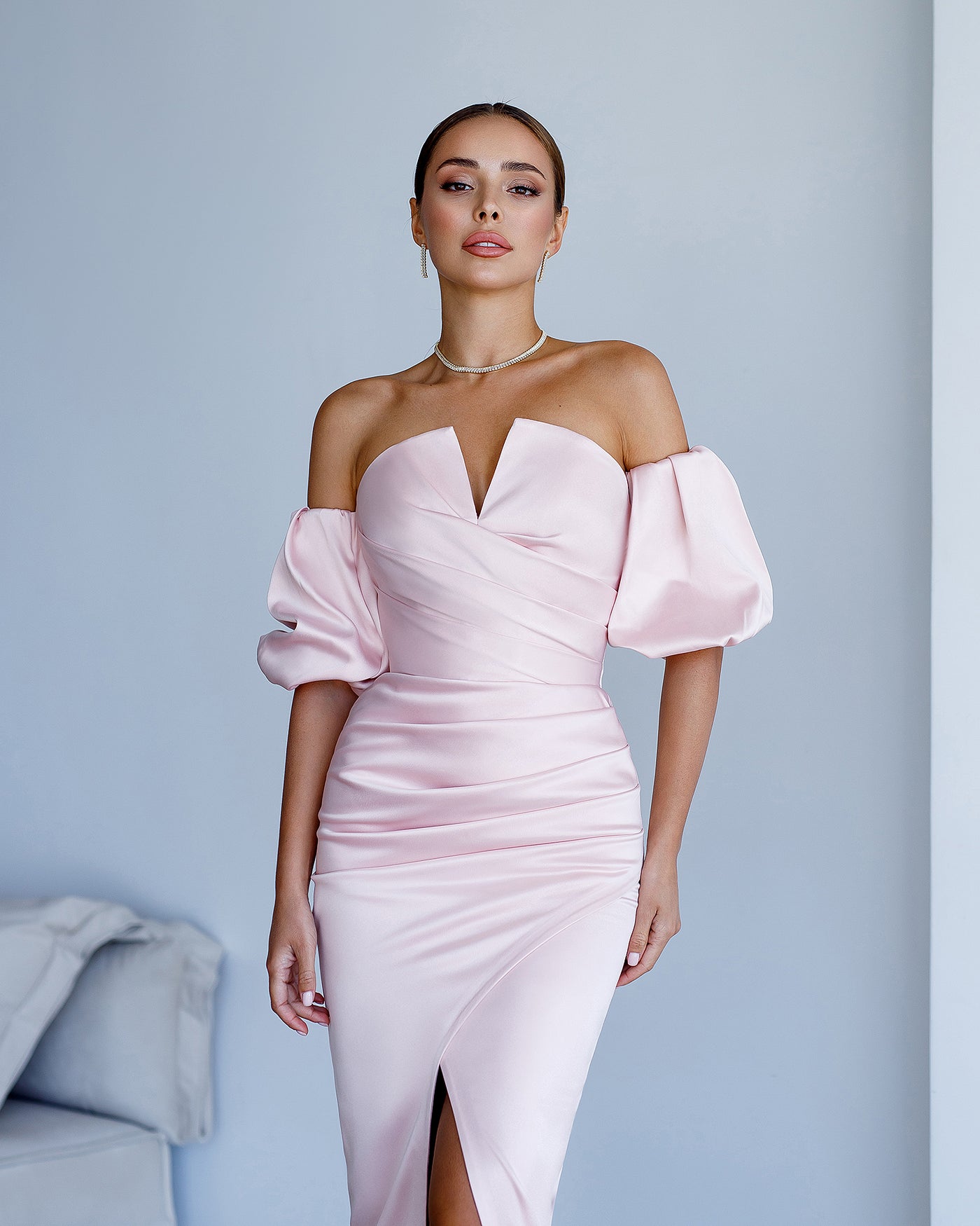 Dusty Pink Puff-Sleeve Midi Dress (article 289)