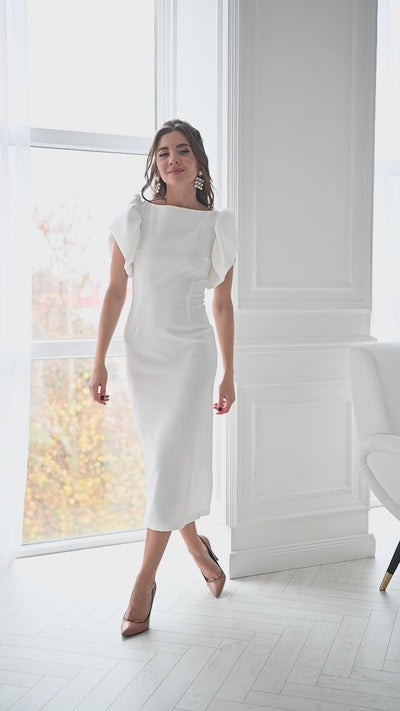White FITTED PUFF-SLEEVE MIDI DRESS (ARTICLE C331)