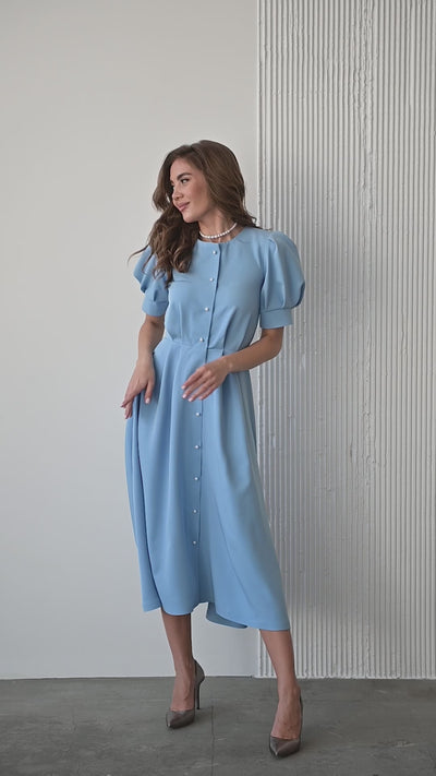 Sky-blue FITTED PUFF-SLEEVE MIDI DRESS (ARTICLE C390)