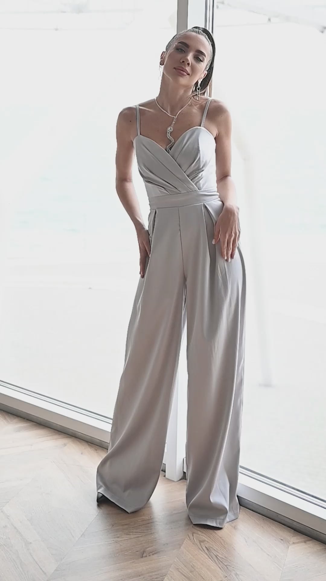 Grey SATIN WIDE-LEG JUMPSUIT (ARTICLE C314)