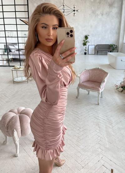 Dusty pink SILK LONG SLEEVE RUCHED MINI DRESS (ARTICLE 322)