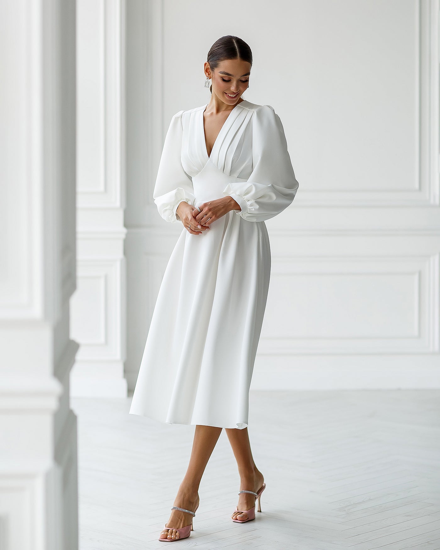 White V-NECK PUFF-SLEEVE MIDI DRESS (ARTICLE 352)