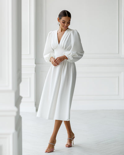 White V-NECK PUFF-SLEEVE MIDI DRESS (ARTICLE 352)