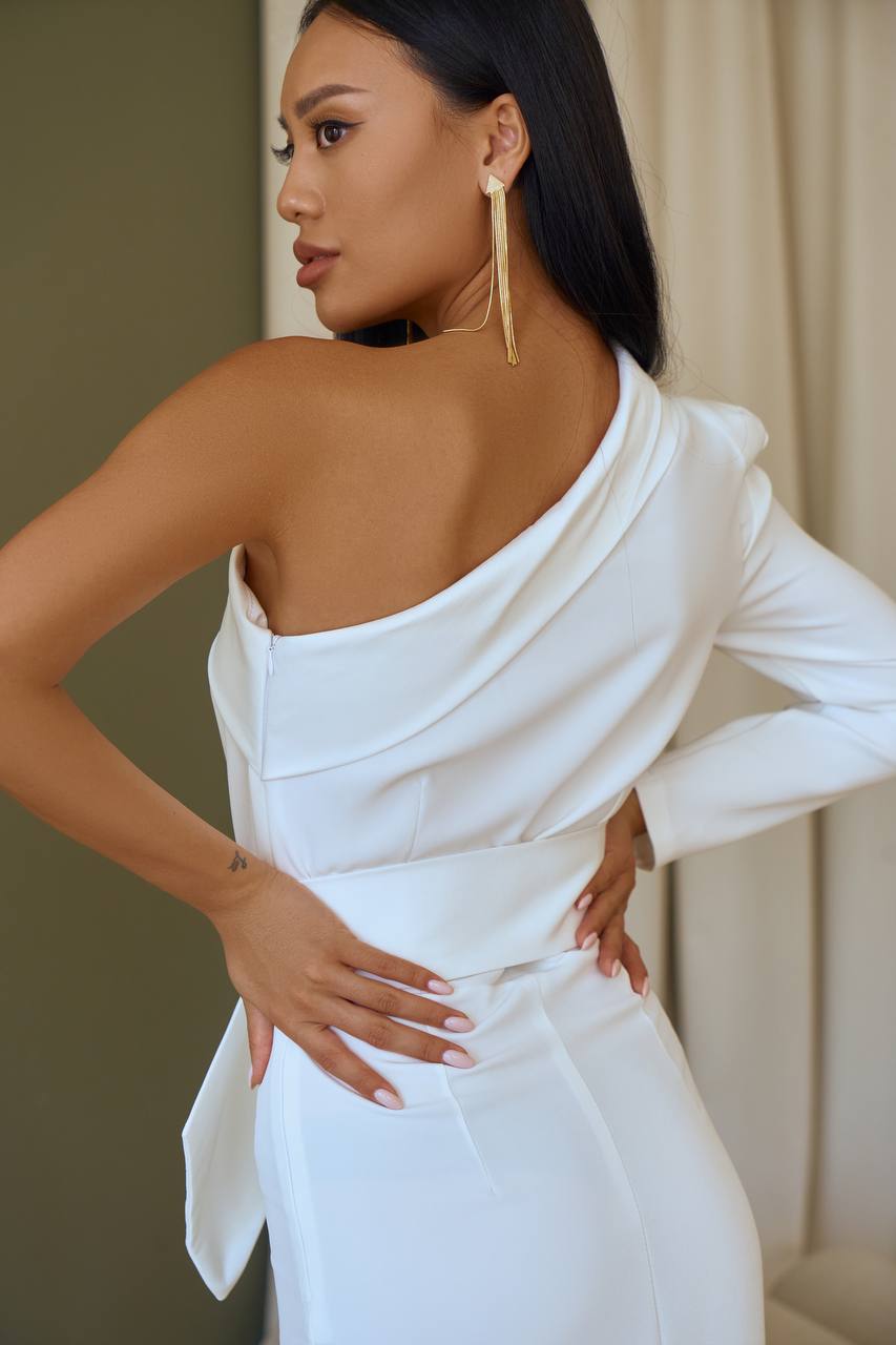 White ONE-SHOULDER BELTED MIDI DRESS (ARTICLE 343)