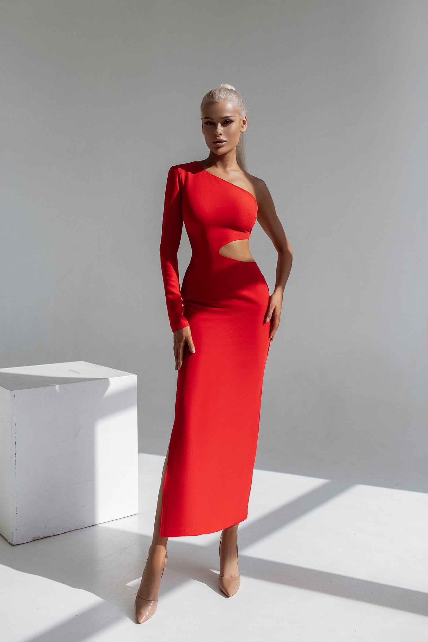 Red One-Shoulder Maxi Dress (article C363)