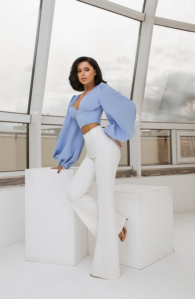 Sky-blue PUFF SLEEVE V-NECK BLOUSE (ARTICLE C342)