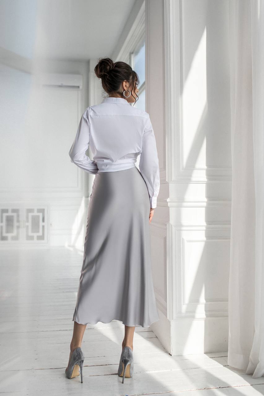 Grey Silk High Waist Maxi Skirt
