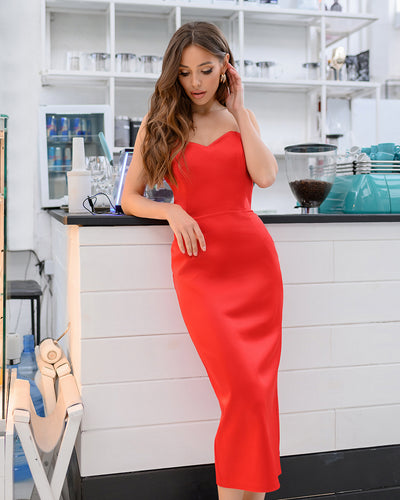 Red SATIN CORSETED STRAPLESS DRESS (ARTICLE 227)