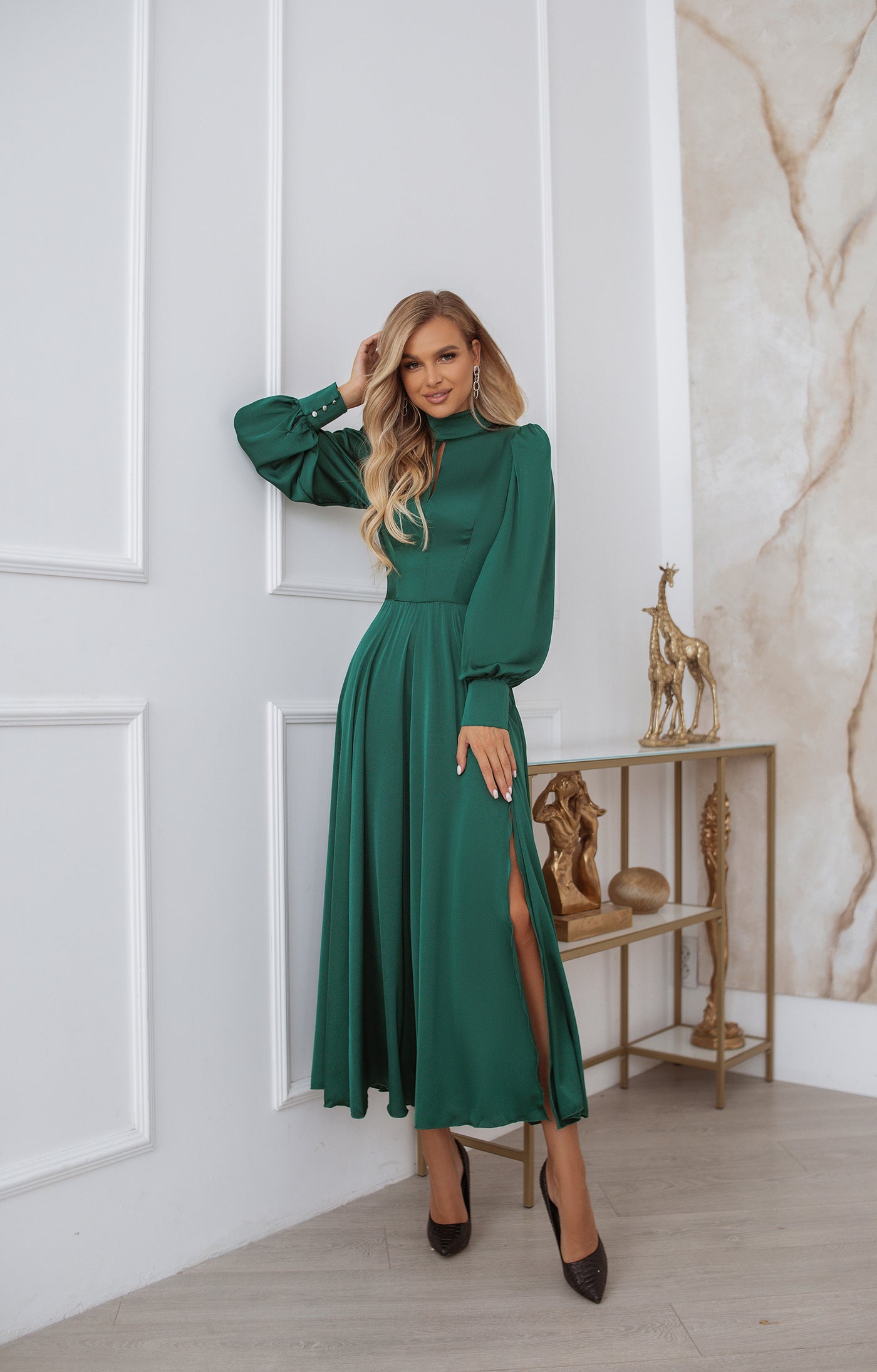 Emerald Silk Long Sleeve Maxi Dress (article C323)