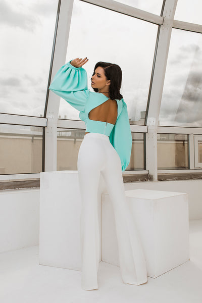 Mint Puff Sleeve V-neck Blouse (article C342)