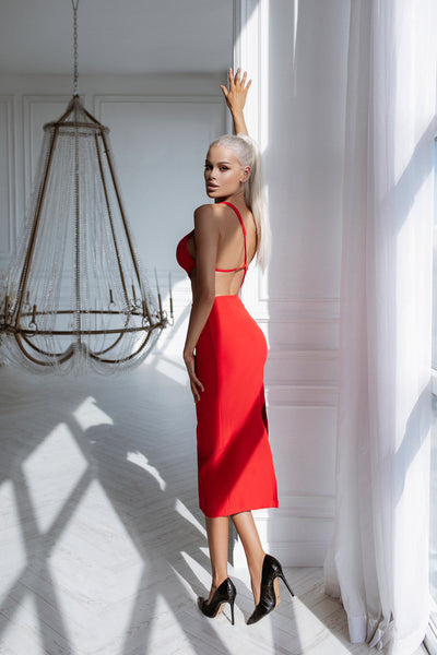 Red Strappy Cut-Out Midi Dress (article C364)