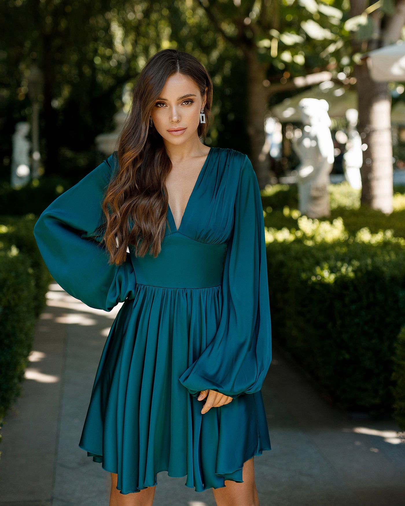 Emerald Silk Puff Sleeve Mini Dress (article 351)