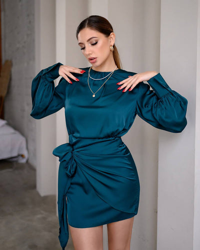 Emerald Silk Puff Sleeve Mini Dress (article 325)