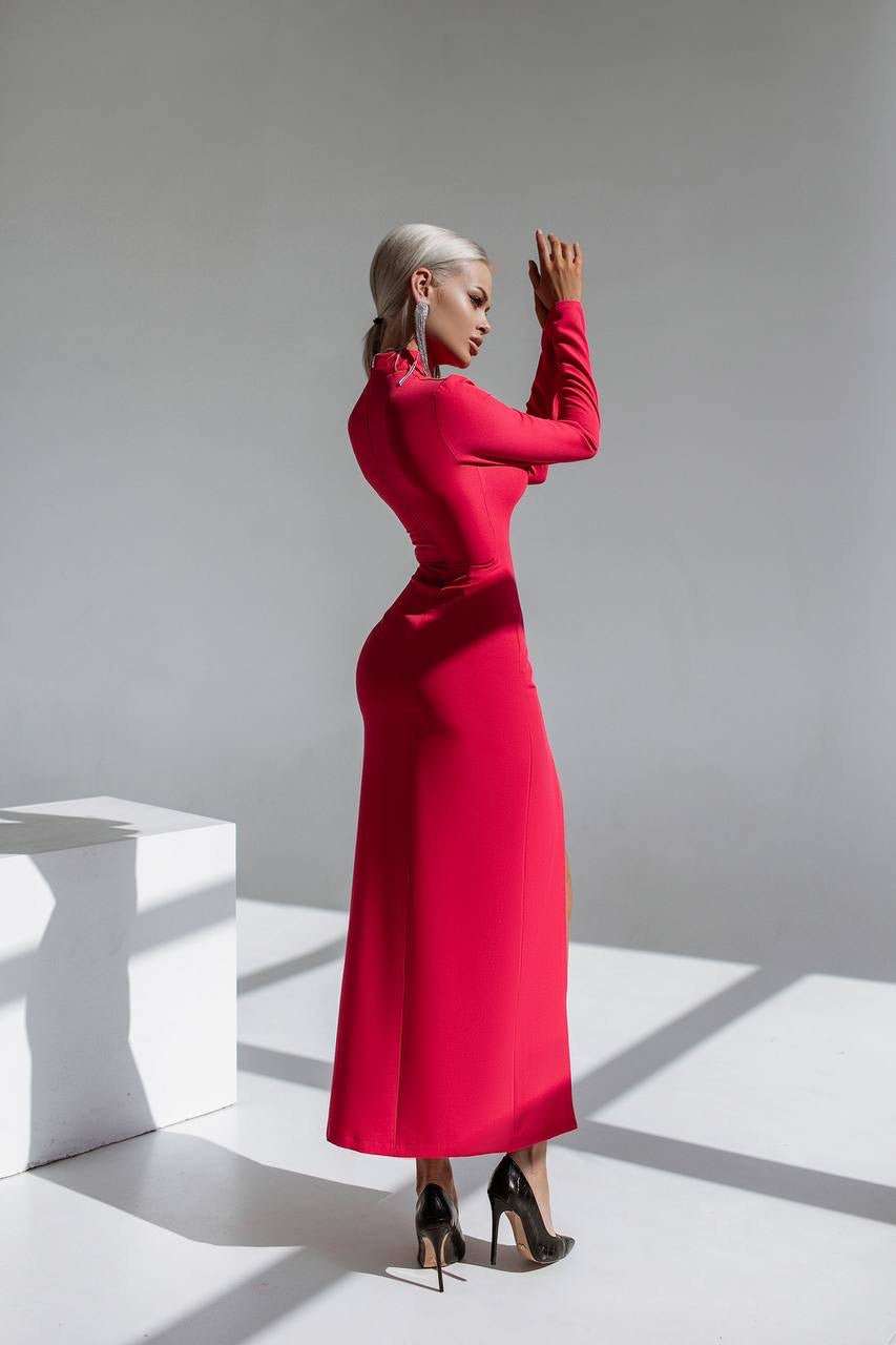 Crimson High Neck Side-Slit Midi Dress (article C359)