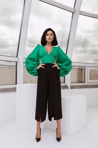 Green PUFF SLEEVE V-NECK BLOUSE (ARTICLE C342)