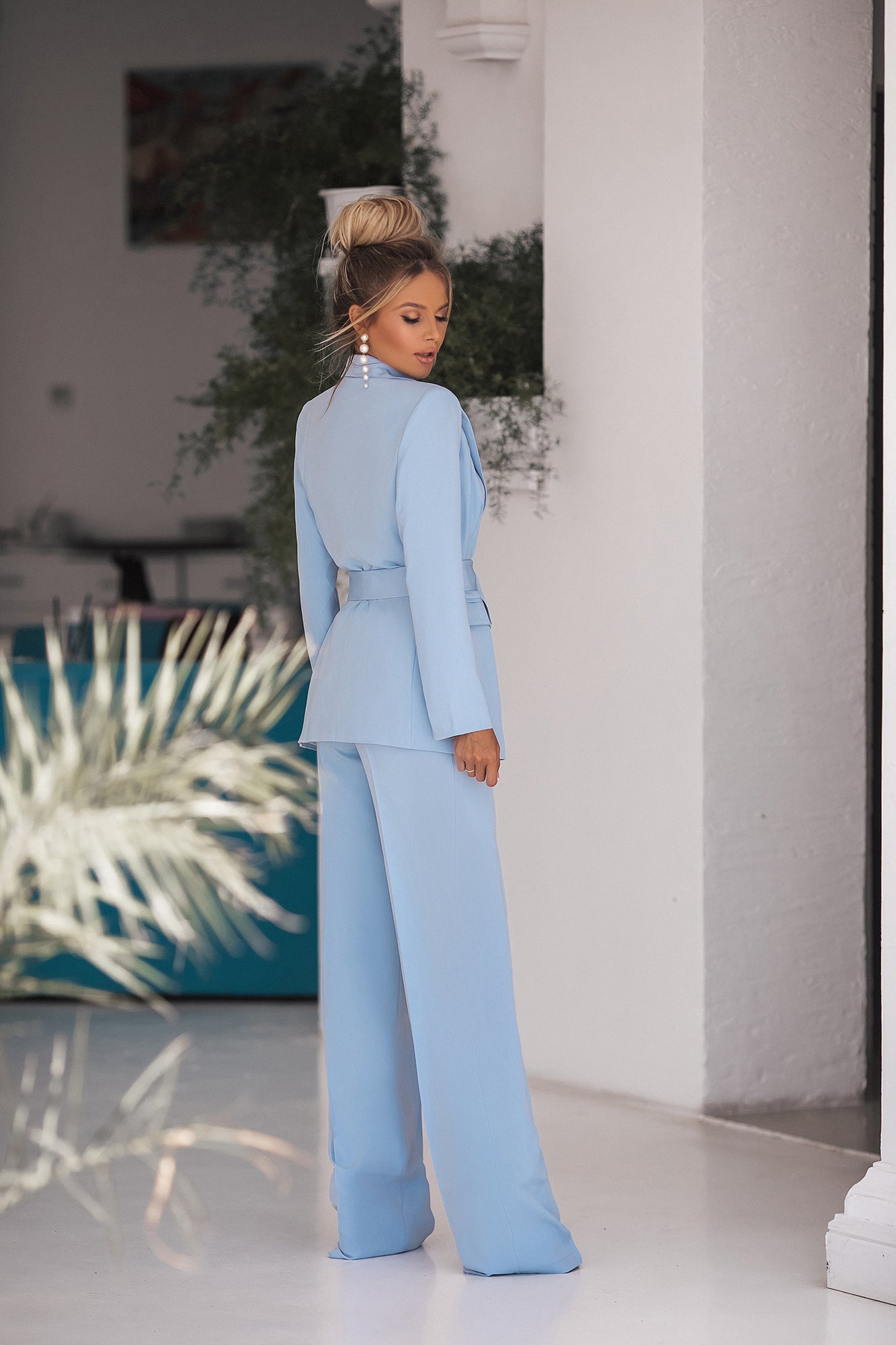 Sky-Blue Belted Double Breasted Suit 2-Piece (article C273)