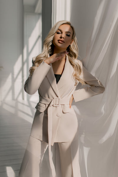 Light beige Belted Double Breasted Suit 2-Piece (article C273)