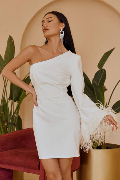 White ONE-SHOULDER FEATHER SLEEVE MINI DRESS (ARTICLE 347)