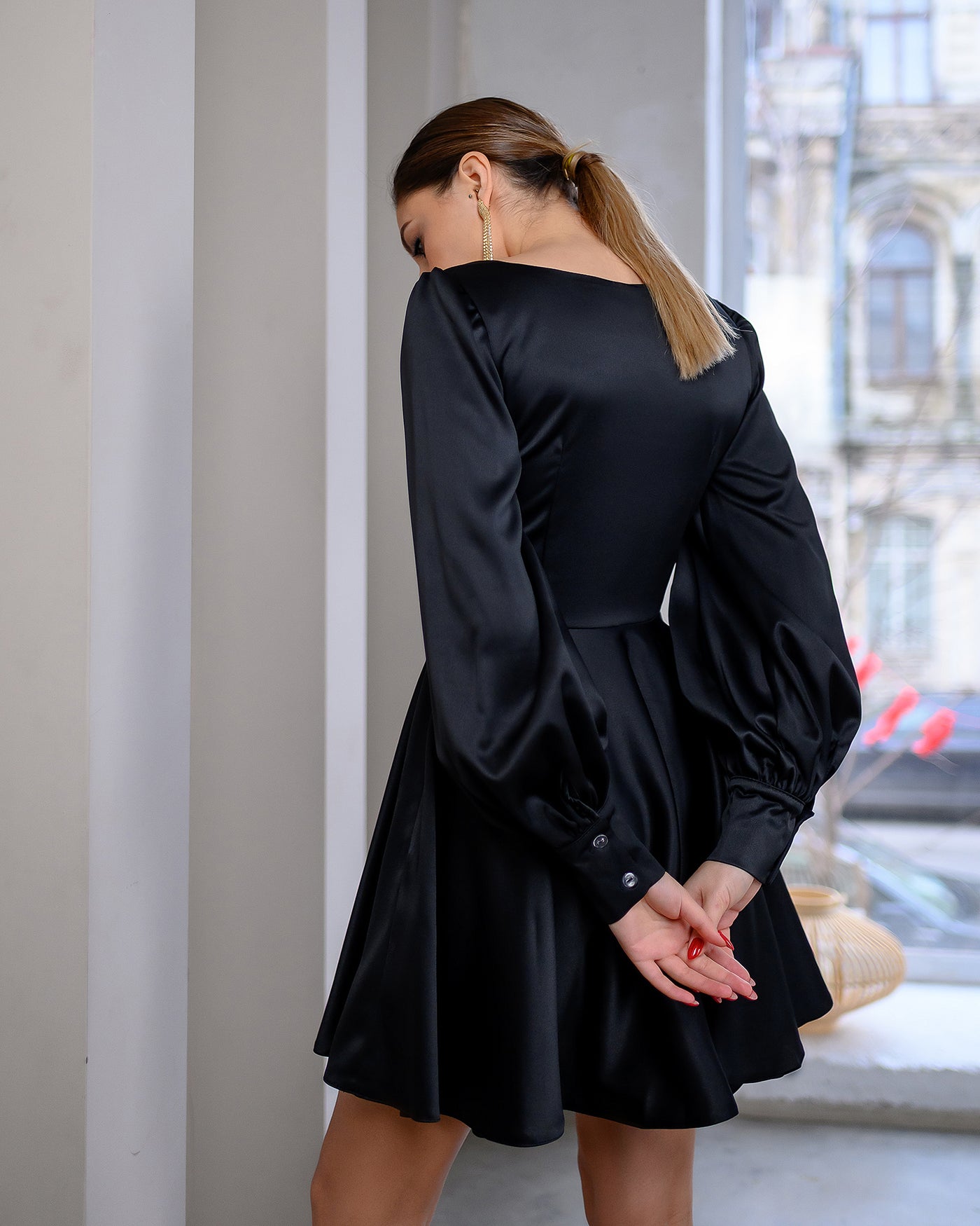 Black Satin Long Sleeve Mini Dress (article 310)