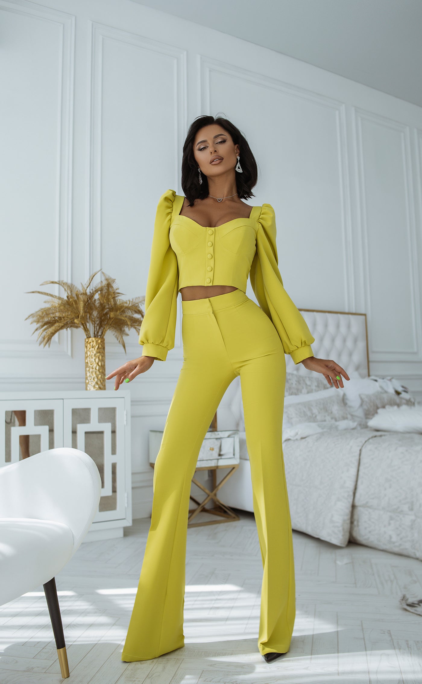 Lime Green SWEETHEART TOP & FLARED PANTS 2-PIECE SET (ARTICLE C379)