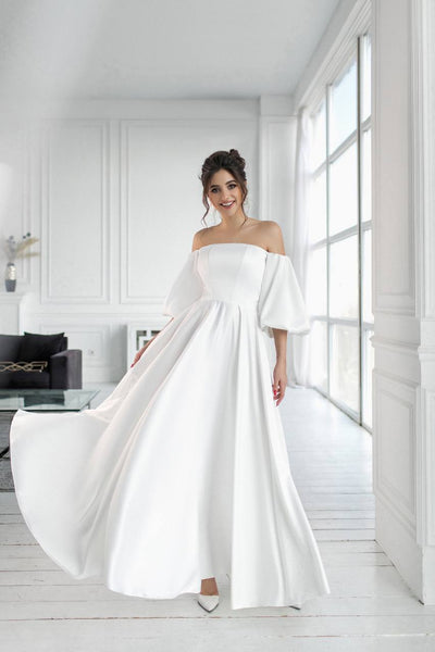 White Satin Puff-Sleeve Bridal Maxi Dress (article 288)