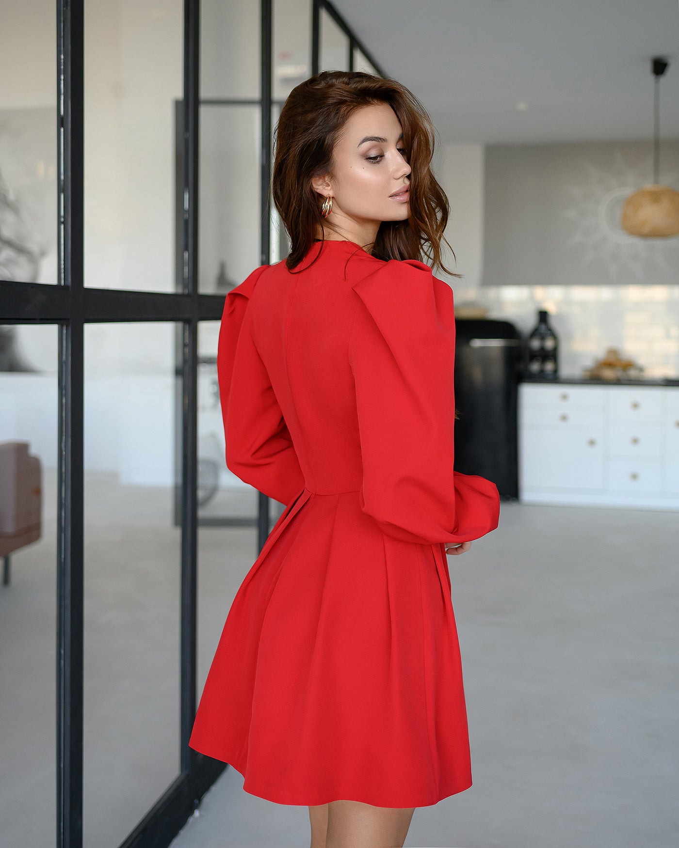 Red PUFF-SLEEVE V-NECK MINI DRESS (ARTICLE 313)