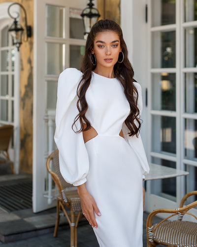 White BACKLESS CUT-OUT PUFF-SLEEVE MIDI DRESS (ARTICLE 350)