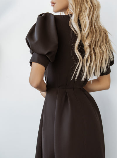Black FITTED PUFF-SLEEVE MIDI DRESS (ARTICLE C390)