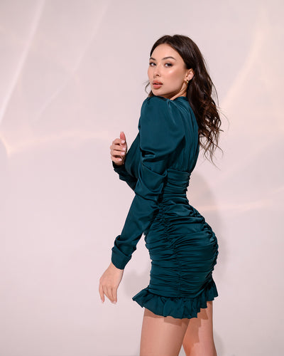 Emerald Silk Long Sleeve Ruched Mini Dress (article 322)