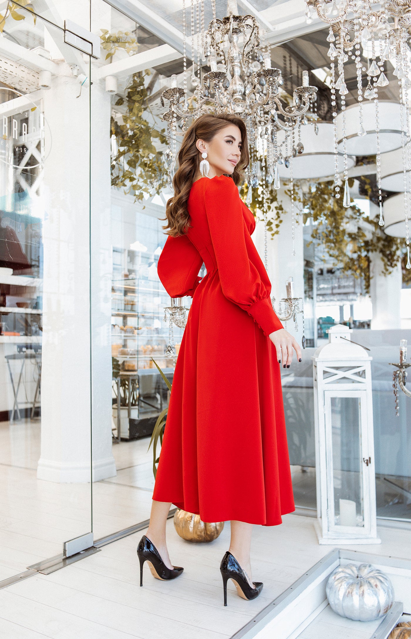 Red V-NECK BUTTONED PUFF-SLEEVE MIDI DRESS (ARTICLE C392)