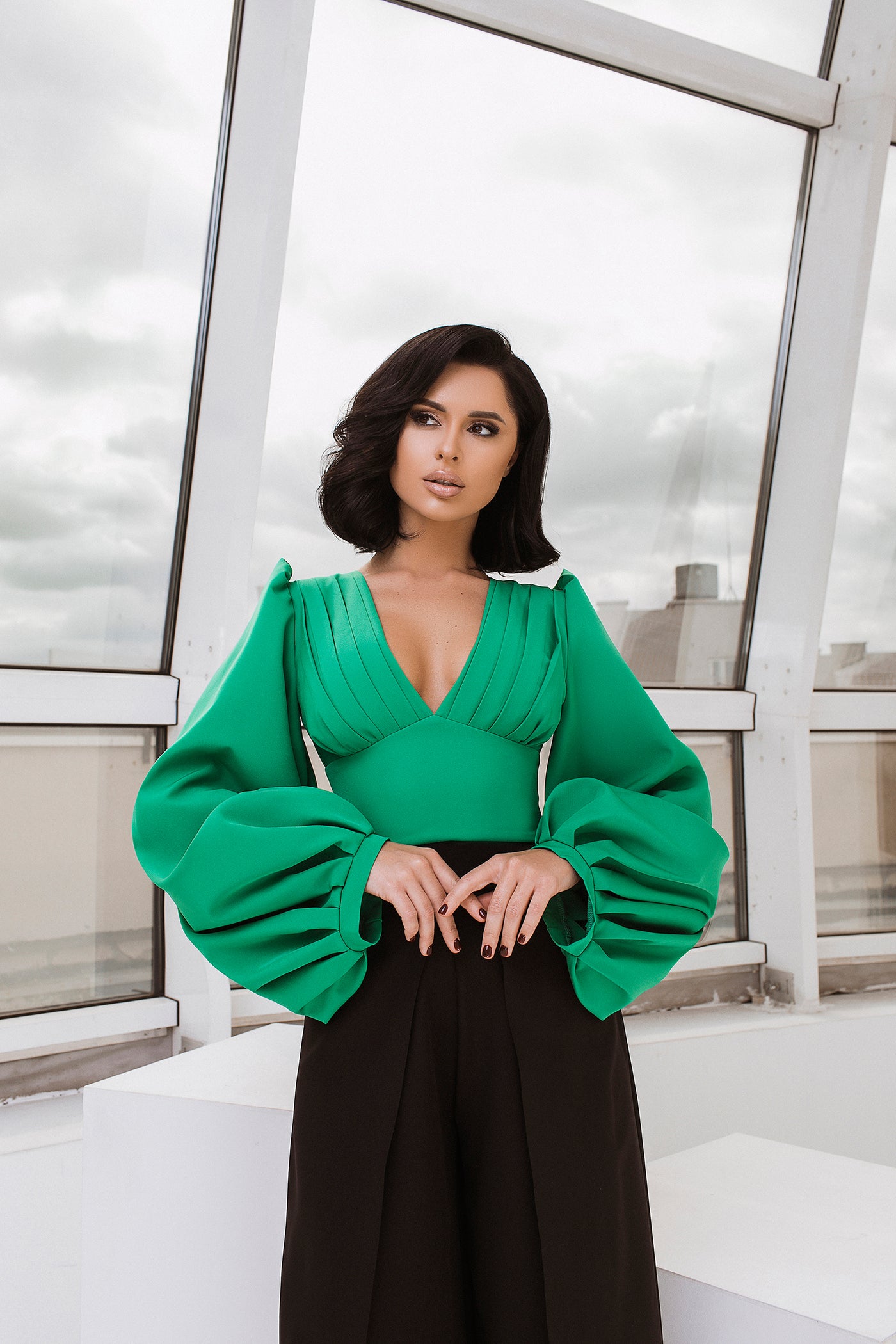Green PUFF SLEEVE V-NECK BLOUSE (ARTICLE C342)