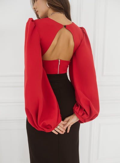 Red PUFF SLEEVE V-NECK BLOUSE (ARTICLE C342)