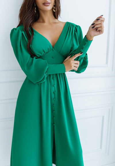 Green V-NECK BUTTONED PUFF-SLEEVE MIDI DRESS (ARTICLE C392)