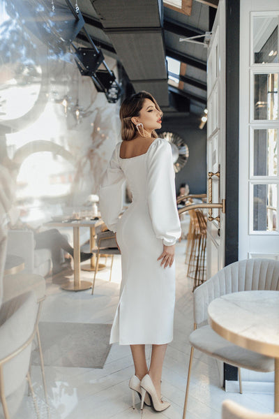 White Puff-Sleeve Midi Dress (article 256)