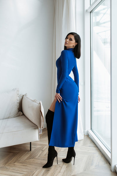 Blue High Neck Side-Slit Midi Dress (article C359)