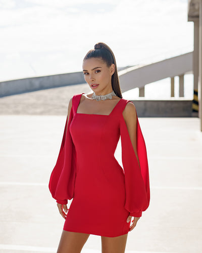 Red SQUARE NECK СUT-OUT SLEEVE MINI DRESS (ARTICLE 357)