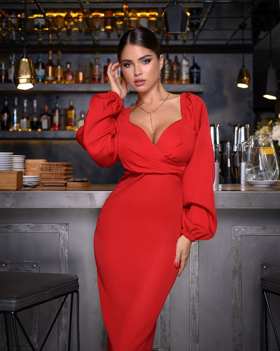 Red Puff-Sleeve Midi Dress (article 256)